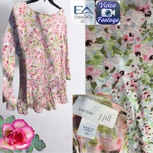 J. Jill Love Linen Tunic Top Pink Green Floral 3/4 Sleeve Keyhole Tie Back